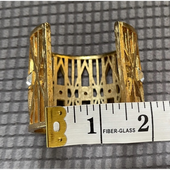 Rare 80’s GIVENCHY Heavy Wide Open Work Gold Plated Rhinestone Cuff Bracelet 7” - Picture 12 of 15